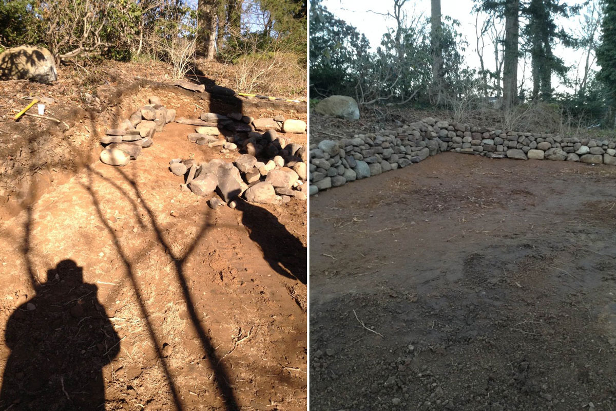 Excavation and grading for Natural Stone Retaining Wall - Before & After