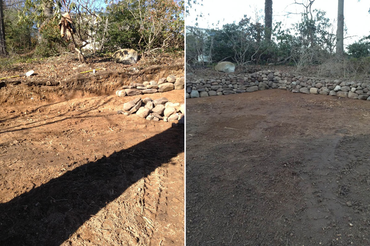 Excavation and grading for Natural Stone Retaining Wall - Before & After
